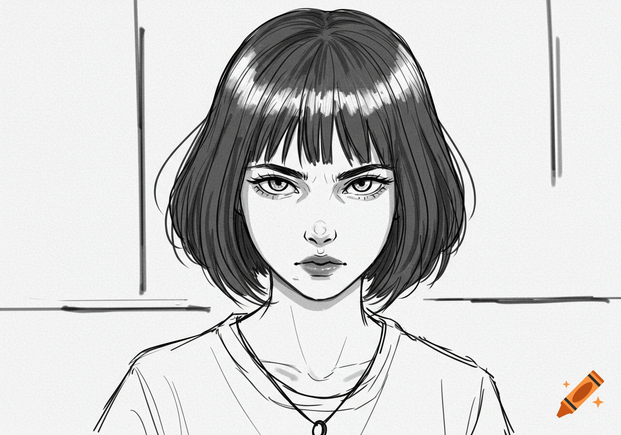 Black and white sketch of a teen girl with a bob haircut and an intense expression, looking directly forward.