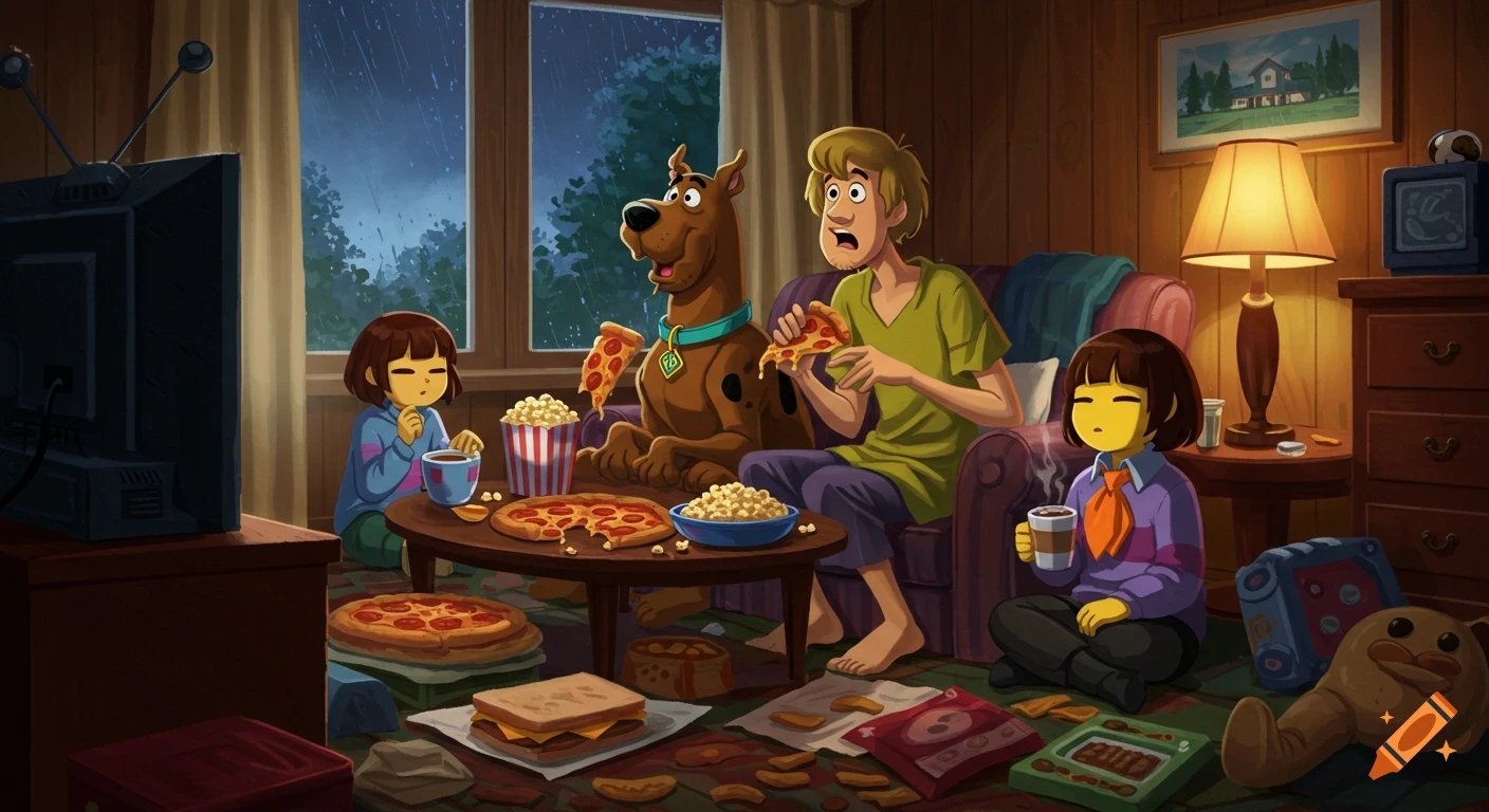 Shaggy, Scooby-Doo, and two Frisk characters are in a cozy room eating pizza and popcorn while watching TV as rain falls outside.