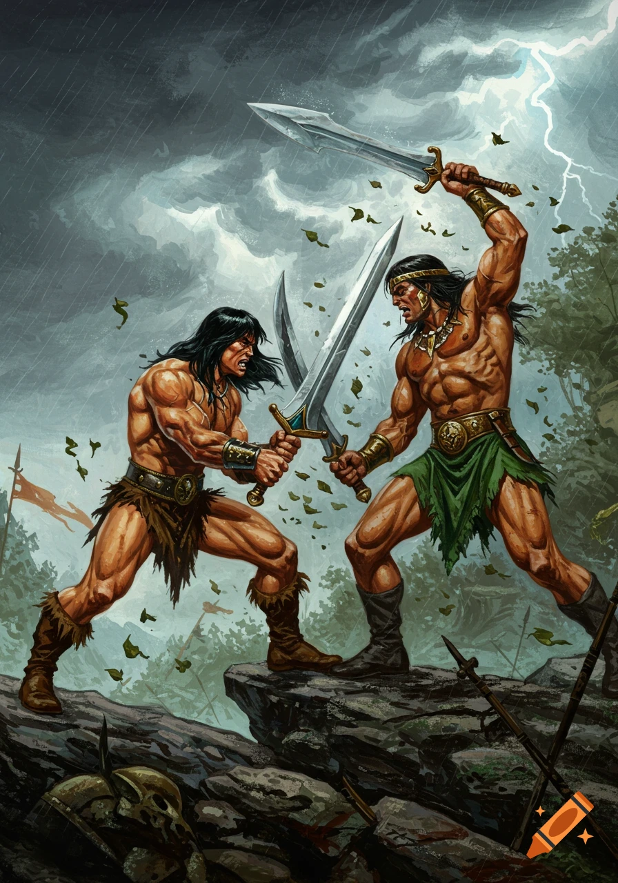 Two muscular barbarians engage in an epic sword fight under a stormy, lightning-filled sky, amidst a forest.