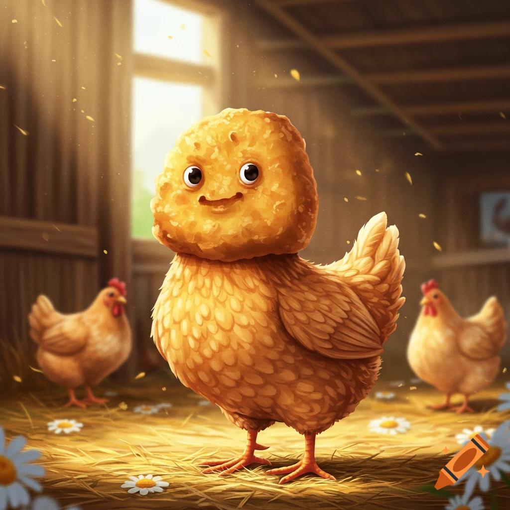 A whimsical chicken character with a chicken nugget head and happy face stands in a sunny barn with other chickens.
