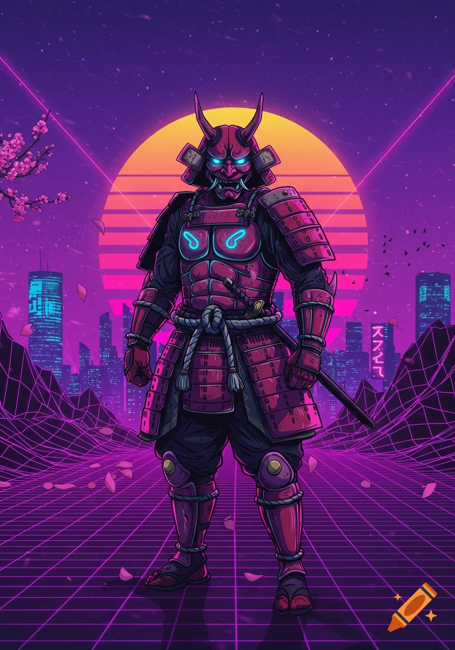 A stylized Oni samurai warrior in red armor stands in a neon purple retrowave city landscape with a vibrant sunset.