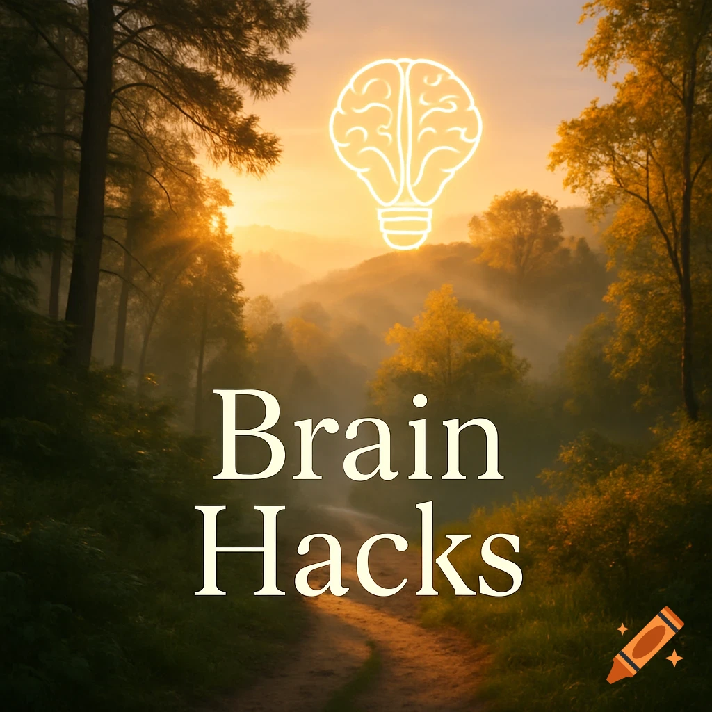 A serene forest path at sunrise with a glowing brain-shaped lightbulb and the text "Brain Hacks".