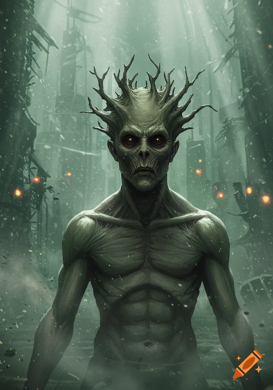 A pale green-skinned, gaunt mutant with glowing red eyes and spiky, branch-like hair stands in a crumbling, dark city.