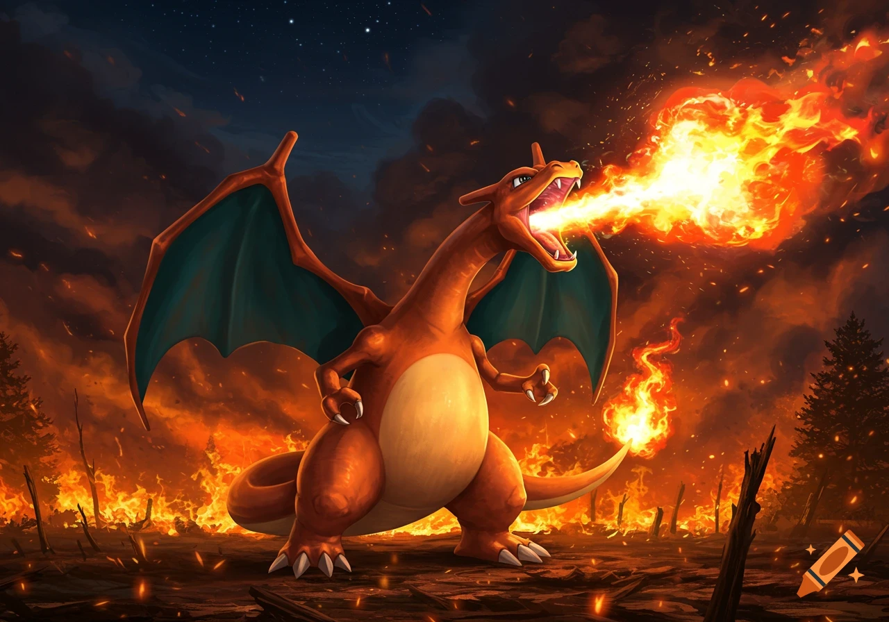 Charizard breathes a powerful flamethrower attack, surrounded by fire in a burning forest landscape, in an illustrative style.