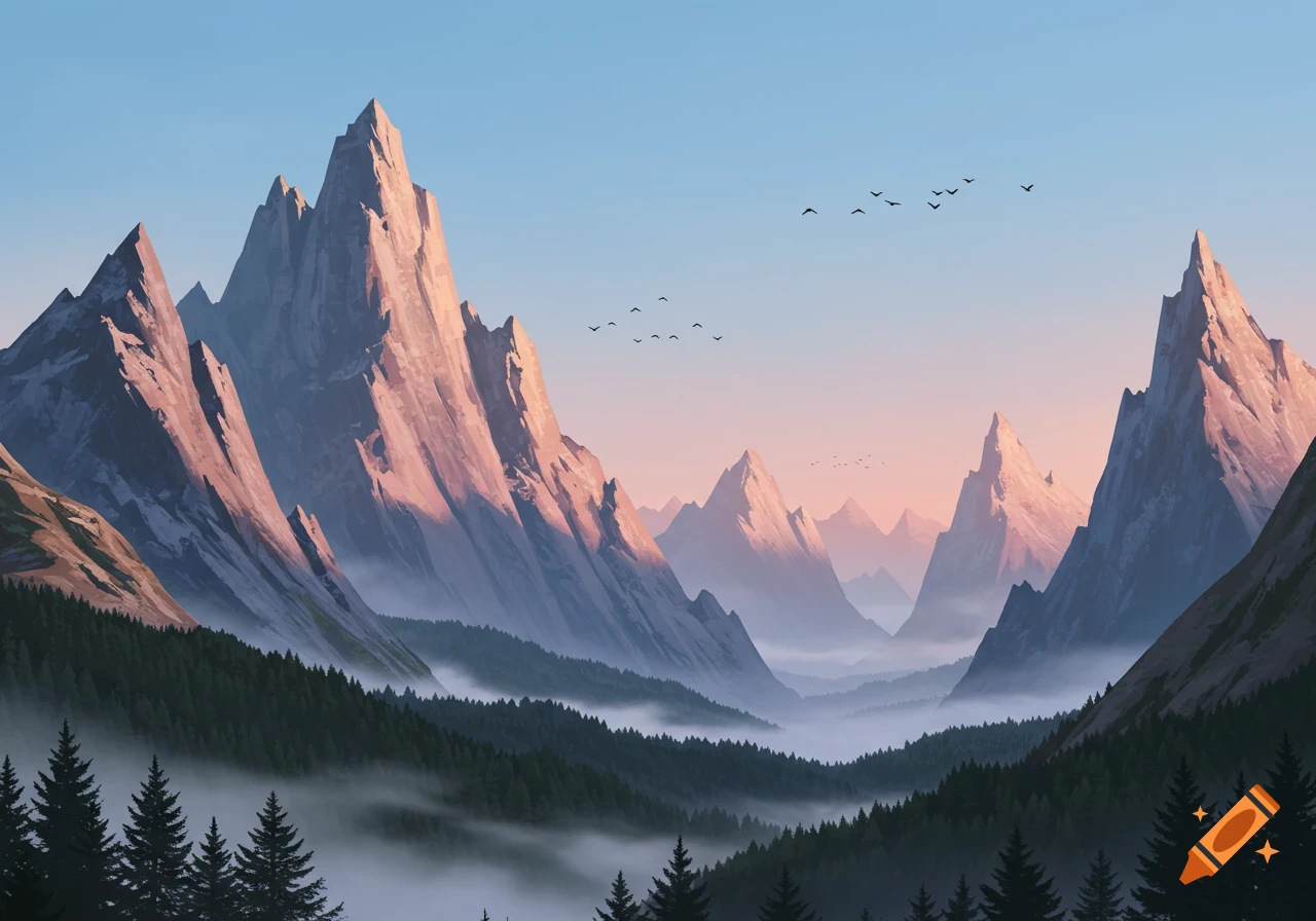 Illustrative mountain landscape at sunrise or sunset with jagged peaks, pine forests, misty valleys, and birds in a gradient sky.