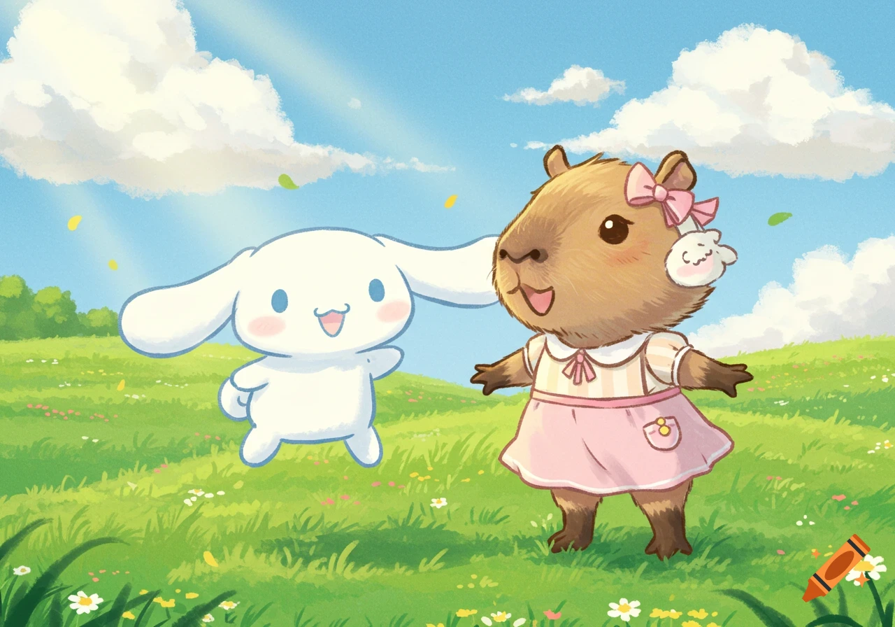Cartoon Cinnamoroll and a capybara in a pink dress and bow stand in a sunny, grassy field with flowers.