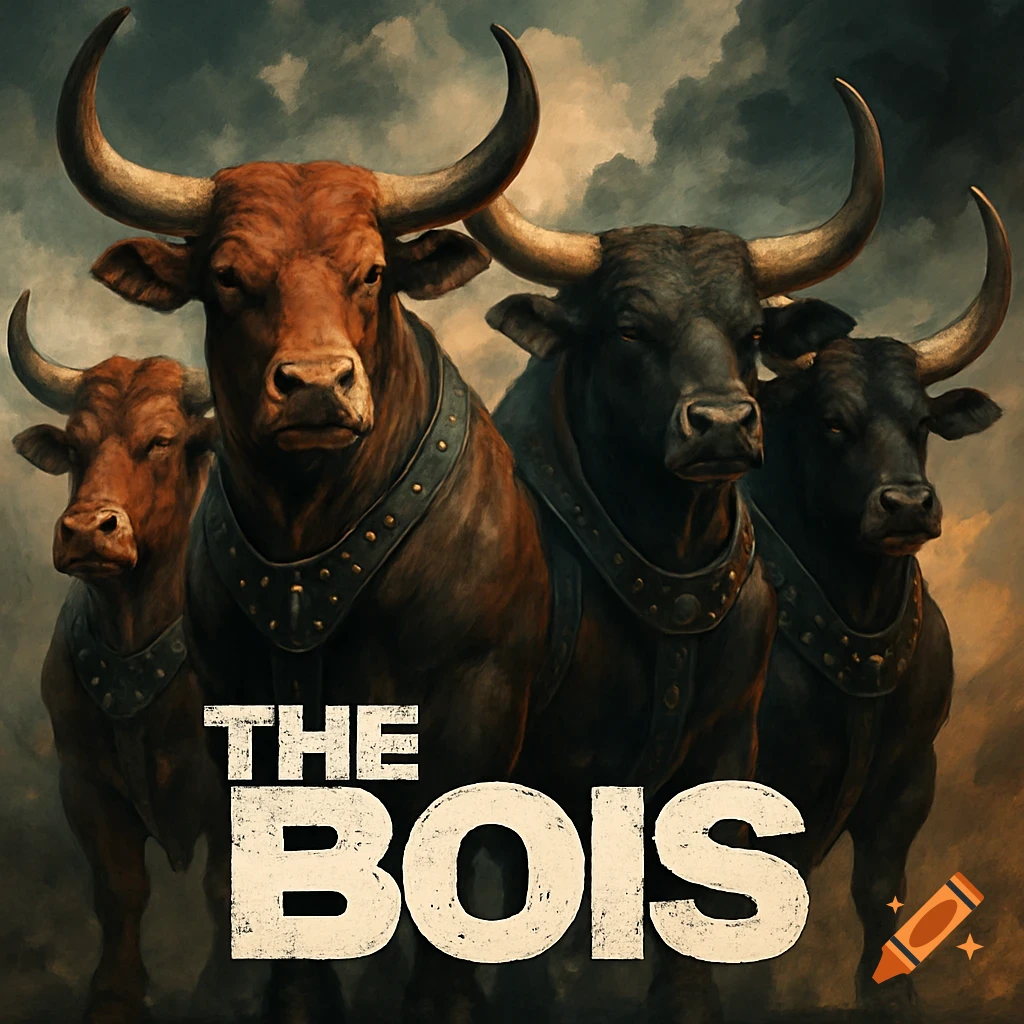Four oxen with harnesses stand in a dramatic, painterly style against a stormy sky, with 'THE BOIS' text.