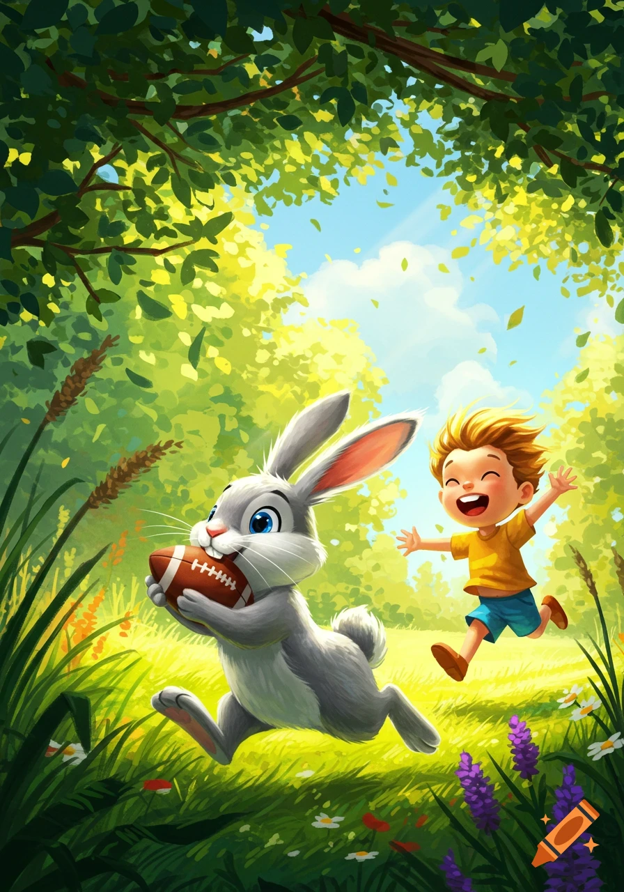 Cartoon of a gray bunny running with a football in its mouth, chased by a laughing child in a sunny forest.