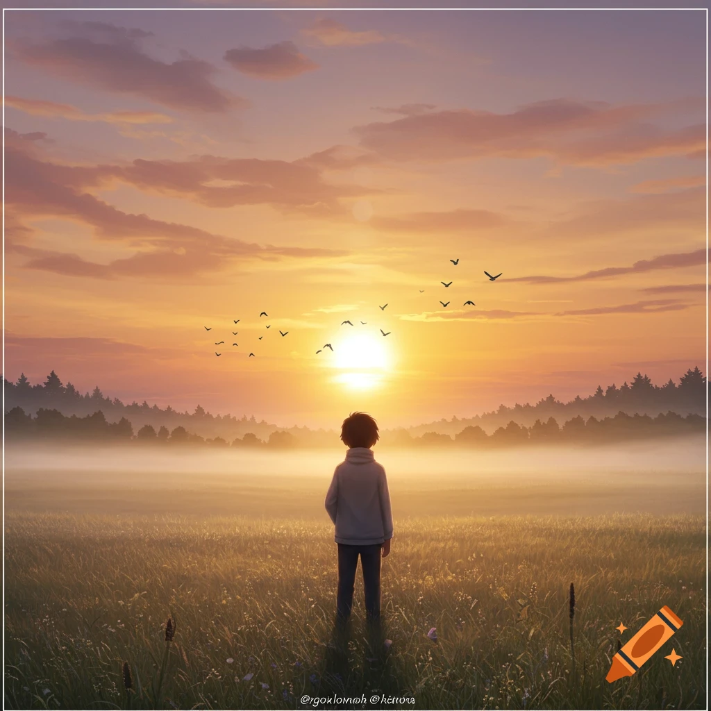 A person stands in a misty field at sunrise, looking at the bright sun over a distant forest, with birds flying across the colorful sky in an anime style.