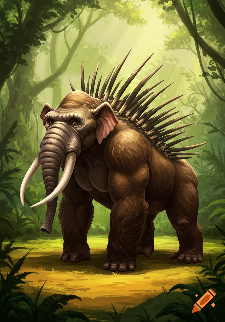 A muscular, brown elephant-gorilla hybrid with tusks and porcupine spikes on its back stands in a lush jungle.