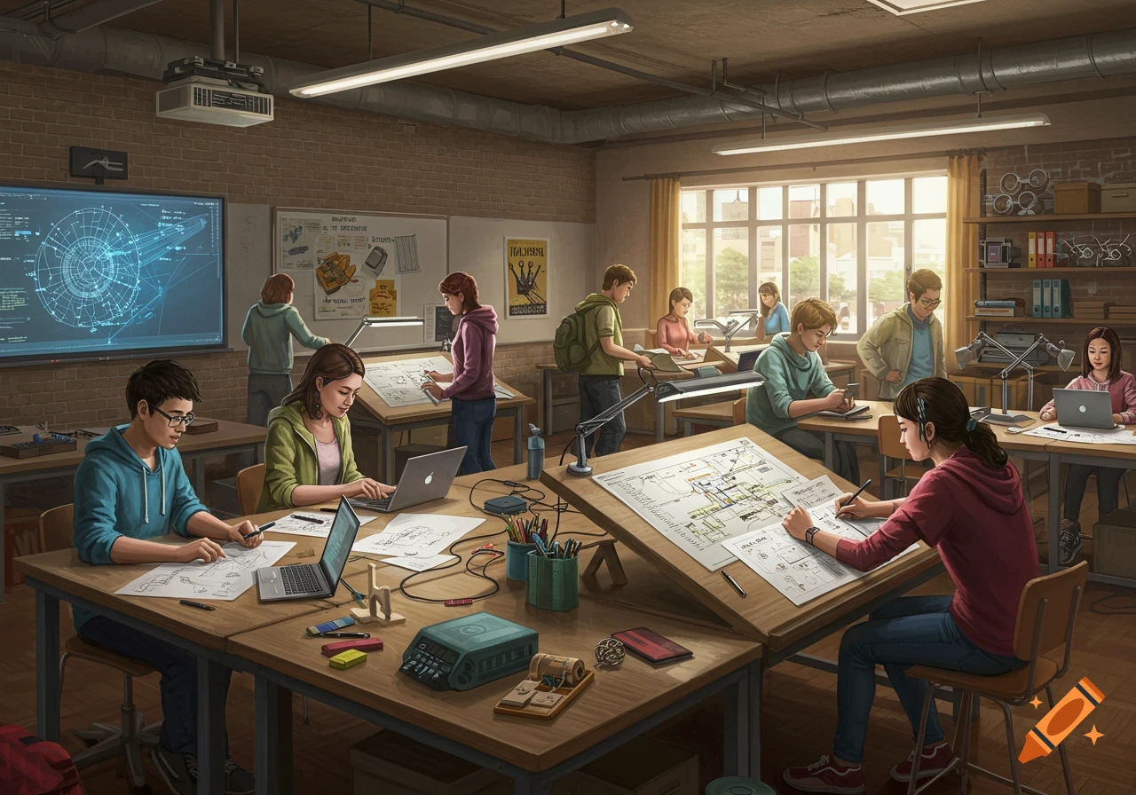 High school students in a well-lit design and technology classroom, drawing blueprints, working on laptops, and observing diagrams on a large screen.