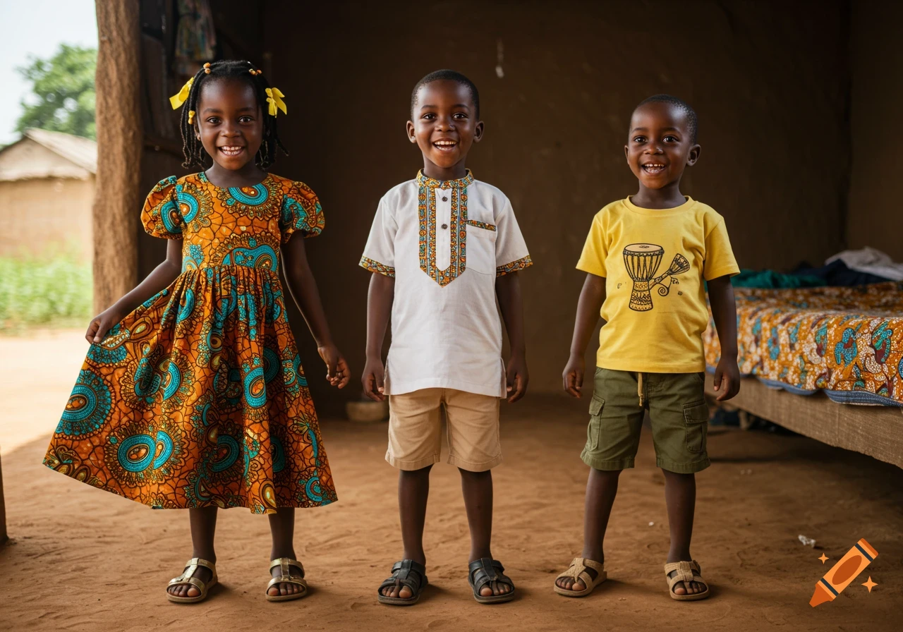 Three smiling Black children in traditional African print clothing stand in a doorway.