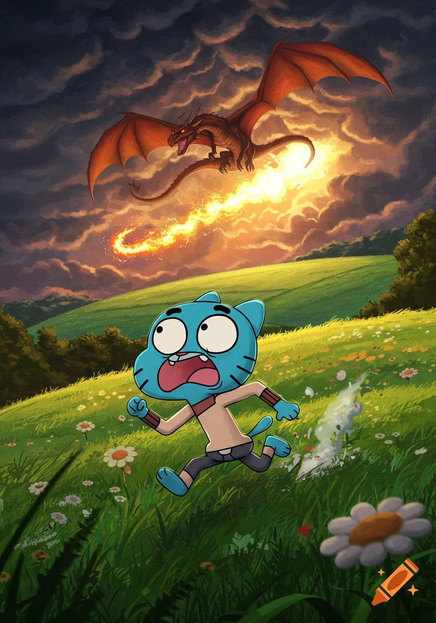 Scared Gumball running from a fire-breathing dragon in a fantasy landscape at sunset.