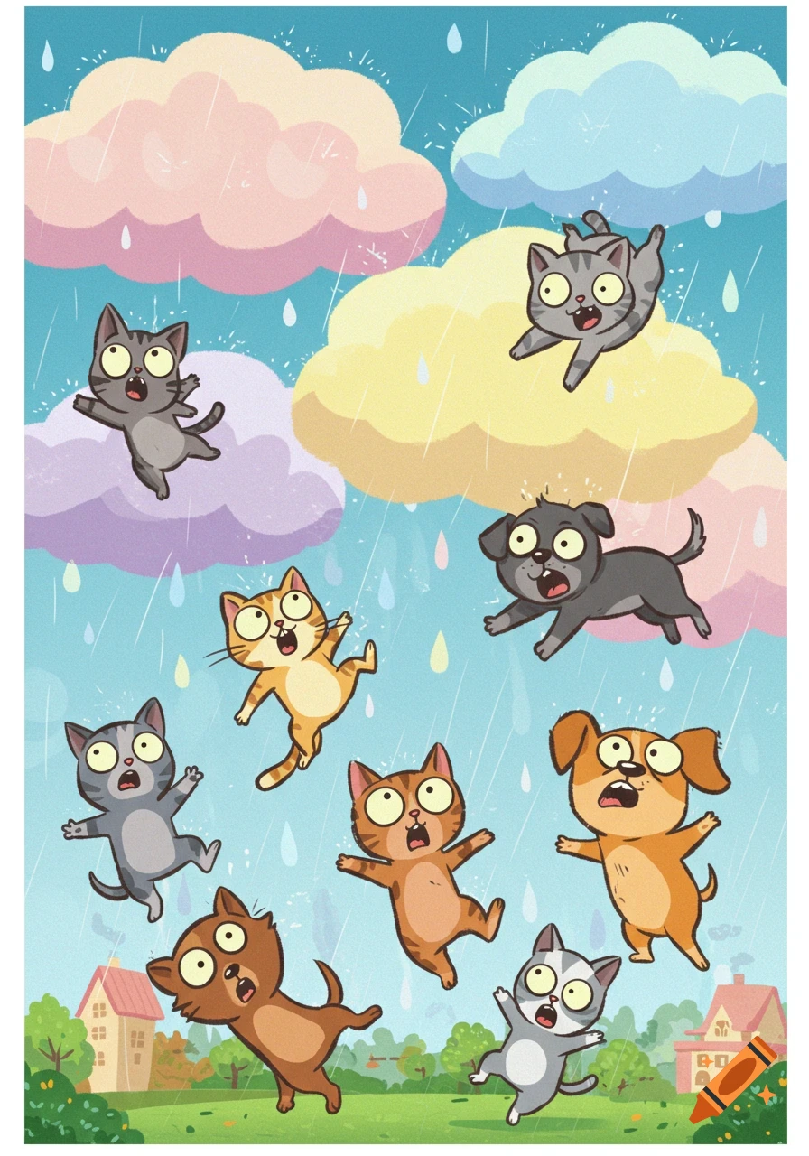 Funny cartoon cats and dogs with scared expressions raining from colorful clouds over a cheerful landscape.