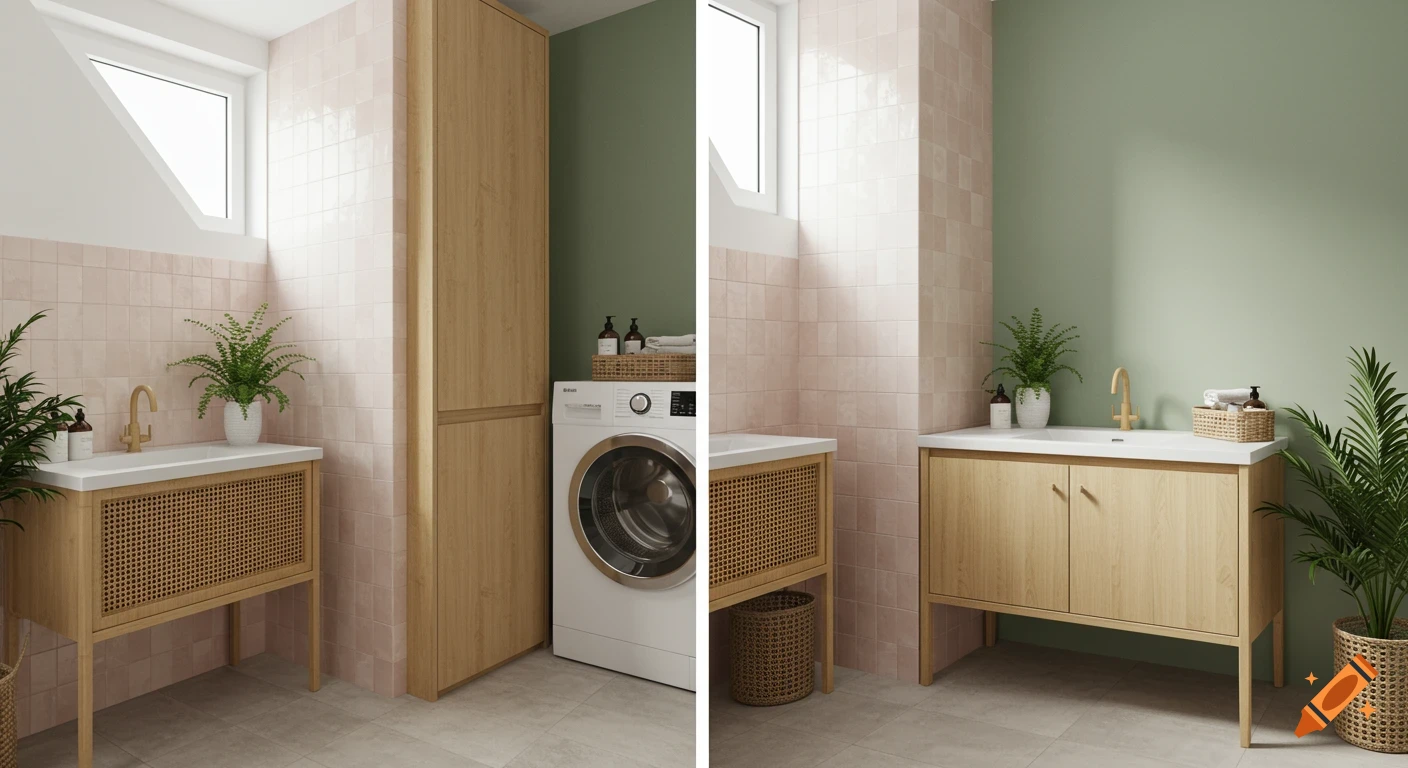 A split image of a modern, natural bathroom and laundry room with pink tiled walls, sage green paint, and light wood furniture.