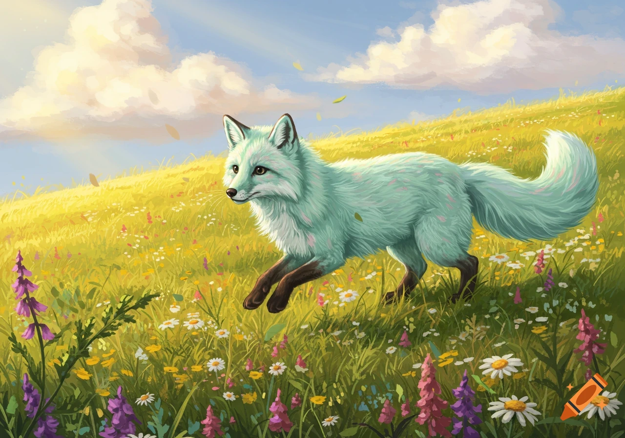 A light teal fox with darker paws trots through a sunny, colorful meadow filled with wildflowers under a blue sky, digital illustration.