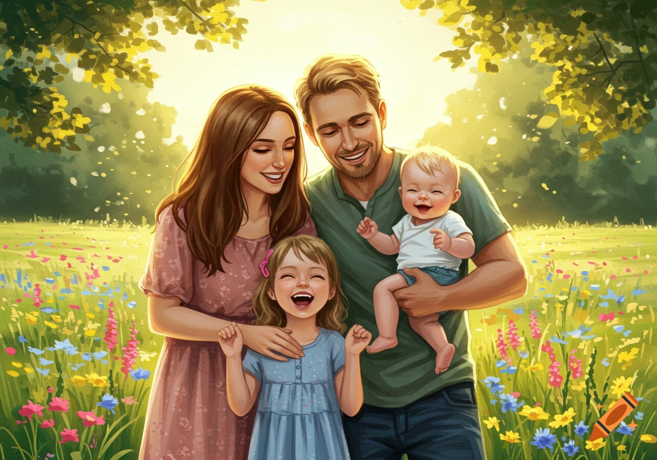 A happy family of four, parents and two children, smiles in a sunny, colorful flower field, in an illustrative style.