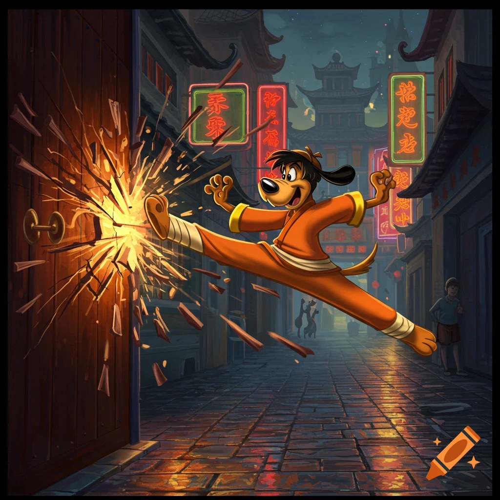 Cartoon dog Hong Kong Phooey in an orange gi kicks open a wooden door, surrounded by light and splintering wood, on a neon-lit East Asian street.