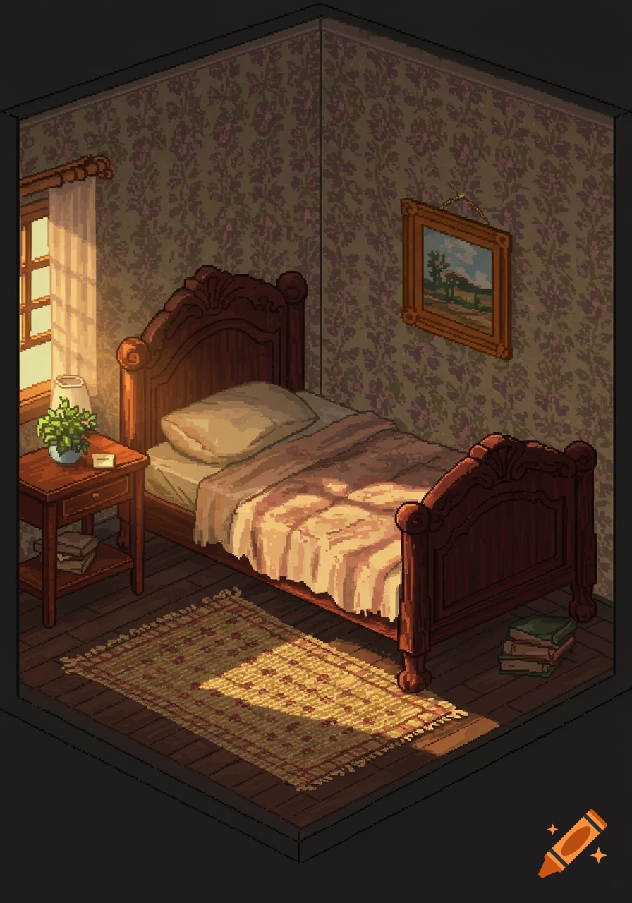 A cozy pixel art bedroom with an old wooden bed, floral wallpaper, and sunlight streaming through a window onto a rug.
