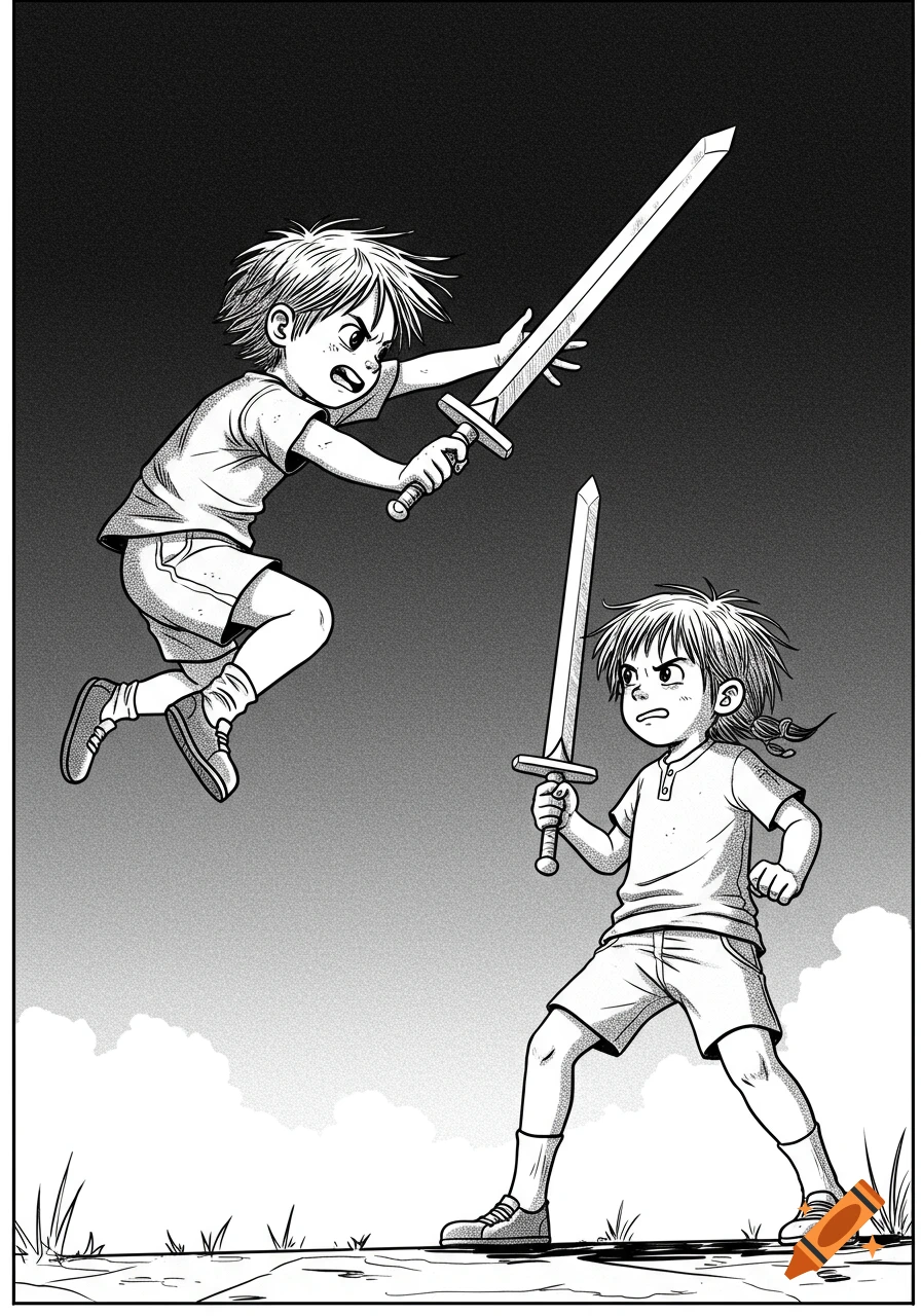 Black and white comic art of two children playing with toy swords, one jumping towards the other with an angry expression.