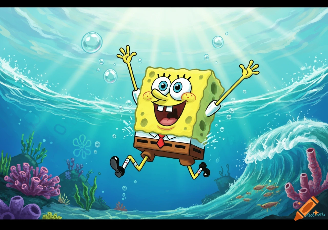 Spongebob Squarepants jumps underwater, surrounded by bubbles, coral, and fish, with light rays from the surface.