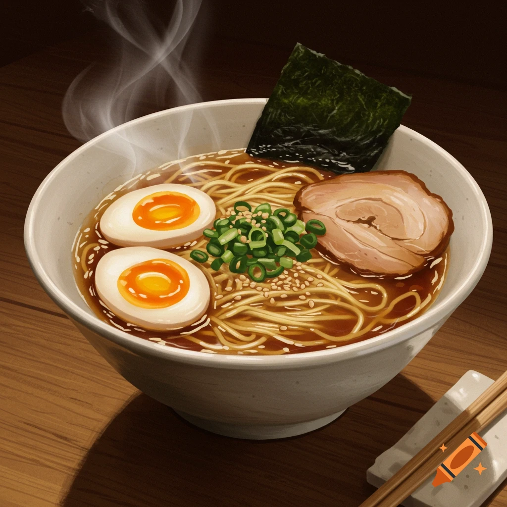 Overhead view of a steaming bowl of ramen with noodles, two soft-boiled eggs, sliced pork, green onions, nori, and sesame seeds. Chopsticks rest nearby.