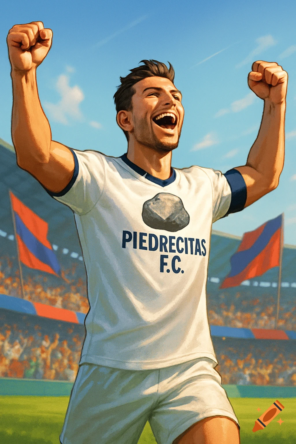 An illustration of a celebrating male soccer player in a white jersey with 'PIEDRECITAS F.C.' text, raising his arms in a stadium.