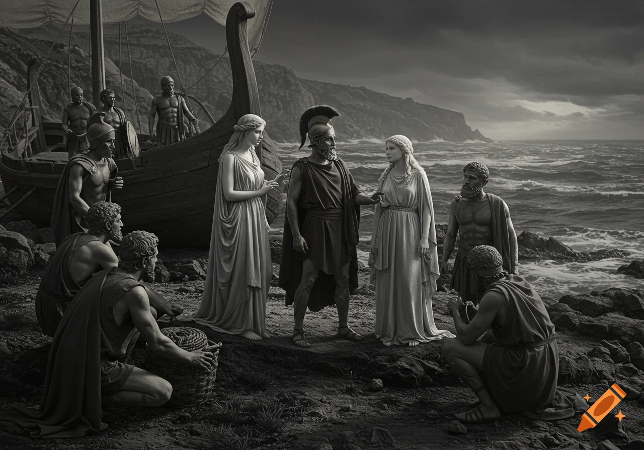 Black and white image of classical figures on a rocky shore next to a longboat under a cloudy sky, turbulent sea in background.
