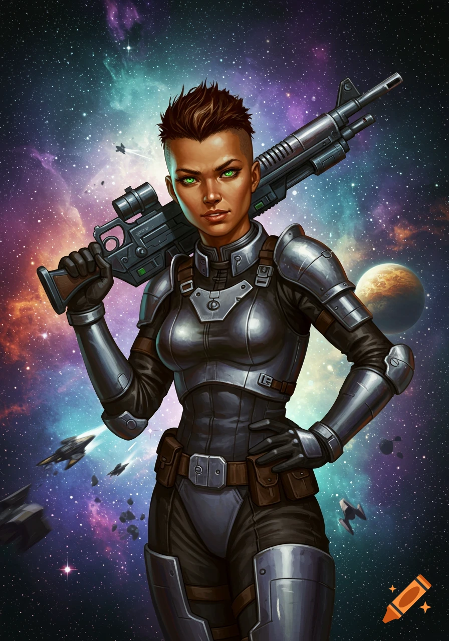 Illustrated rugged female space mercenary with spiky hair and green eyes in armored spacesuit, rifle on shoulder, against cosmic backdrop.