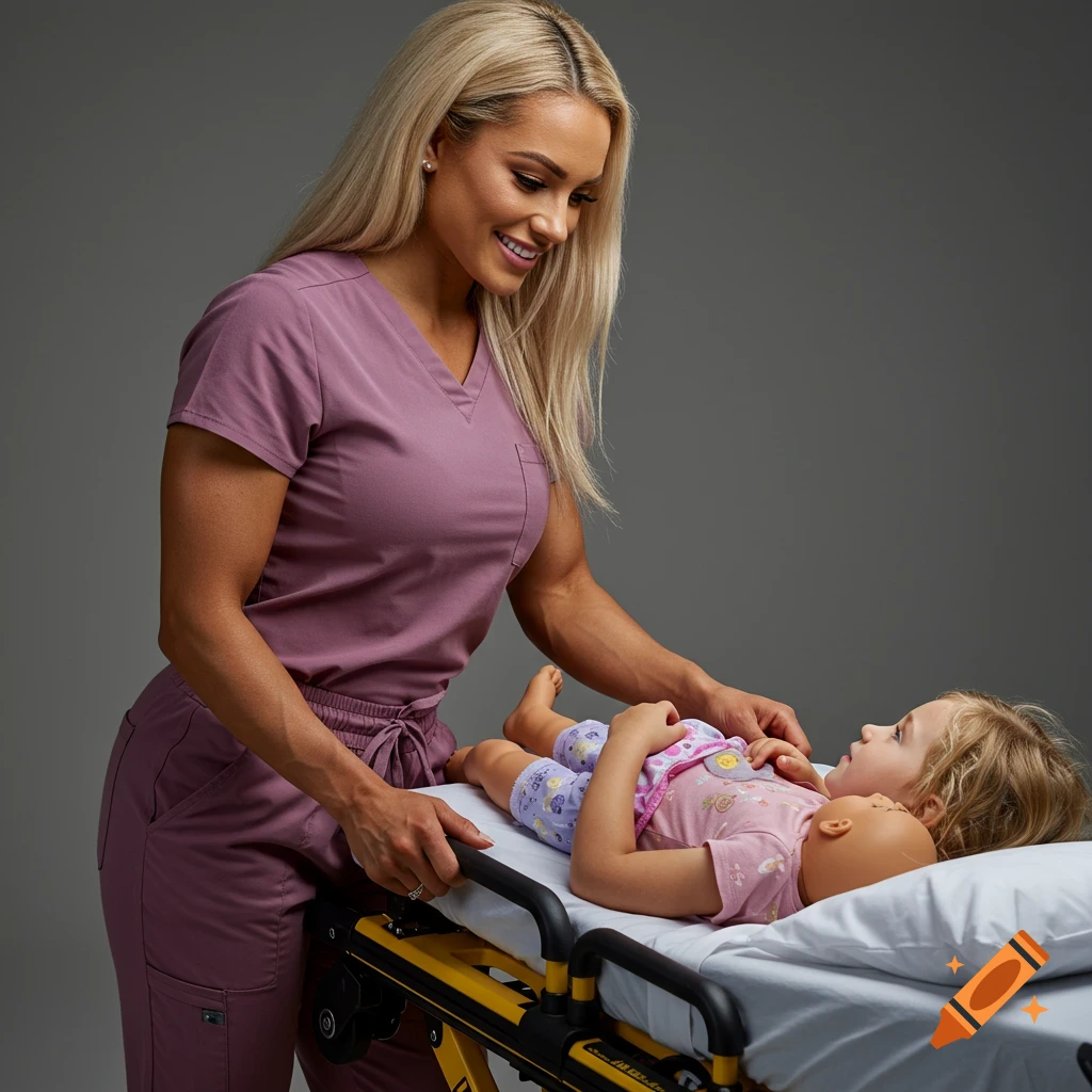 A blonde female pediatric nurse in purple scrubs smiles down at a young girl patient on a stretcher, who holds a doll. Photorealistic studio shot.