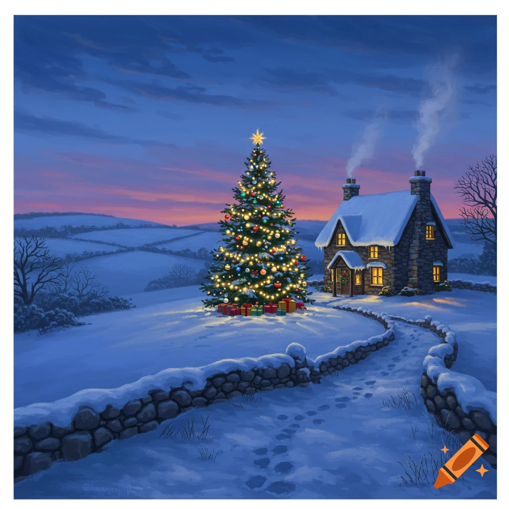 A cozy snow-covered cottage and a brightly lit Christmas tree in a peaceful winter landscape at dusk, illustration.