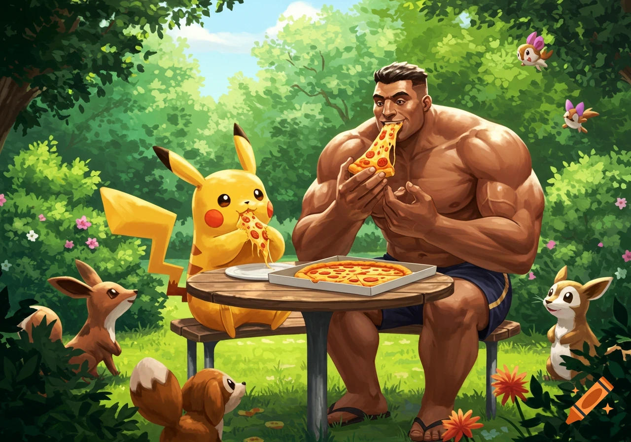 A muscular man and Pikachu eat pizza at a picnic table in a vibrant, green forest, surrounded by small animal-like creatures.