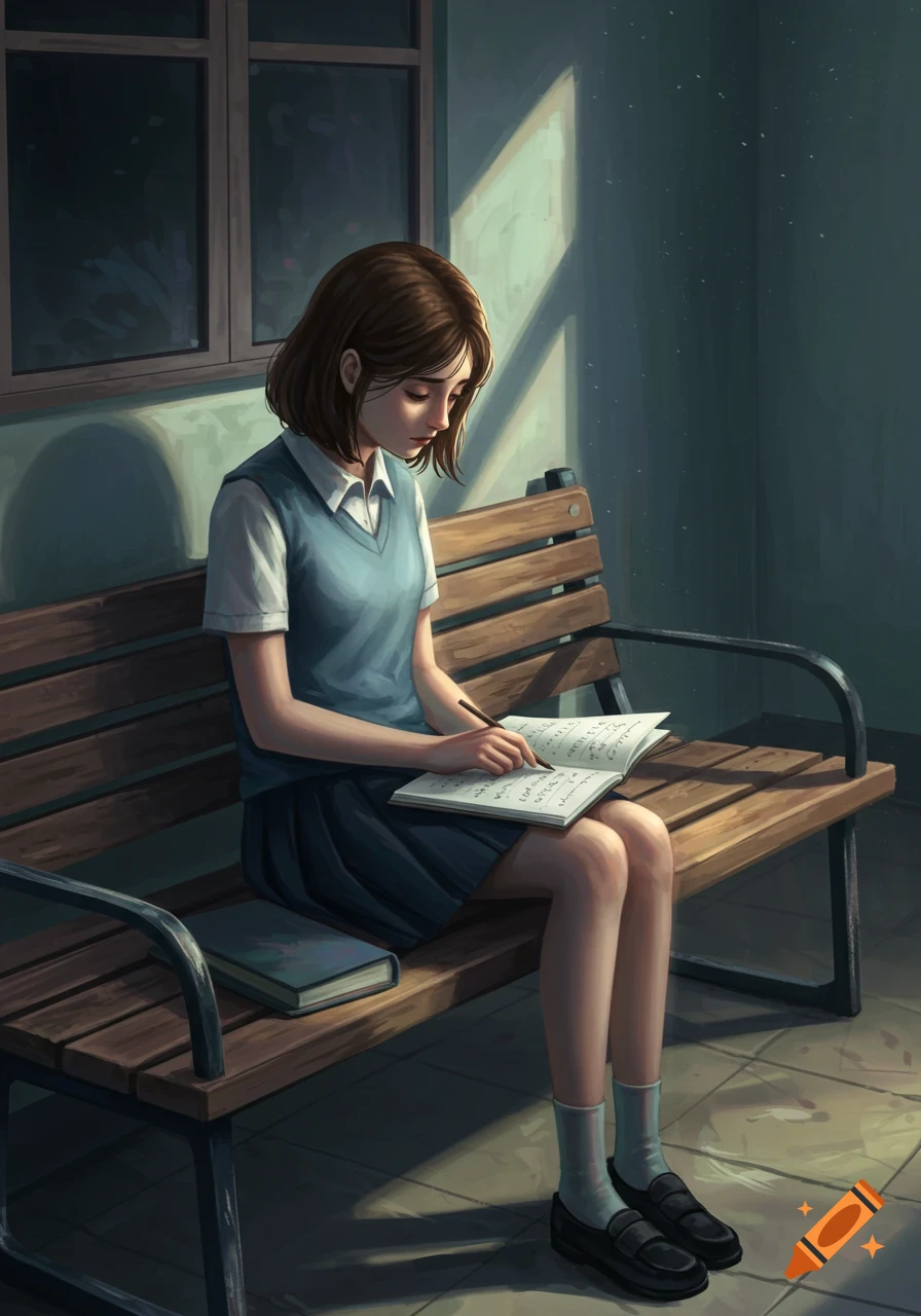 A pensive anime girl with brown hair sits on a wooden bench, writing in a notebook, illuminated by a beam of sunlight.