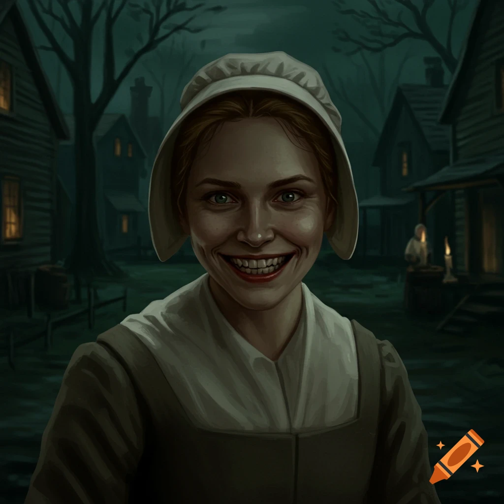 A woman in a white bonnet and dark period dress with a wide, sinister smile stands in a shadowy village at night.