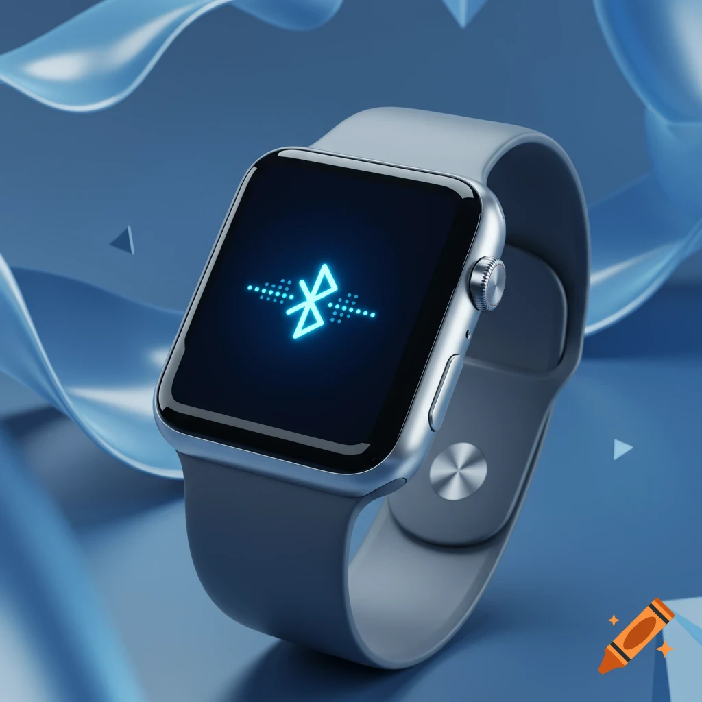 A silver smartwatch with a grey band, displaying a glowing blue Bluetooth logo on its screen, against a dynamic blue background.