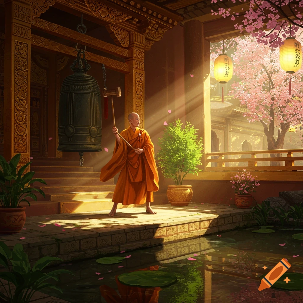 A Buddhist monk in orange robes swings a mallet to strike a large temple bell. The scene is set in a serene temple courtyard with cherry blossoms and a pond, bathed in sunlight.