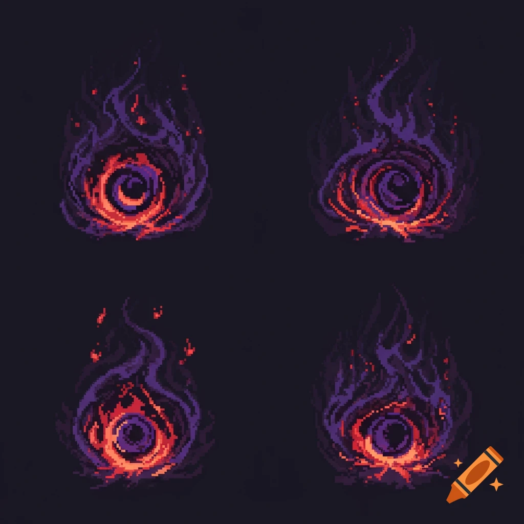 Four dark pixel art fireballs with swirling purple and orange energy on a dark background.