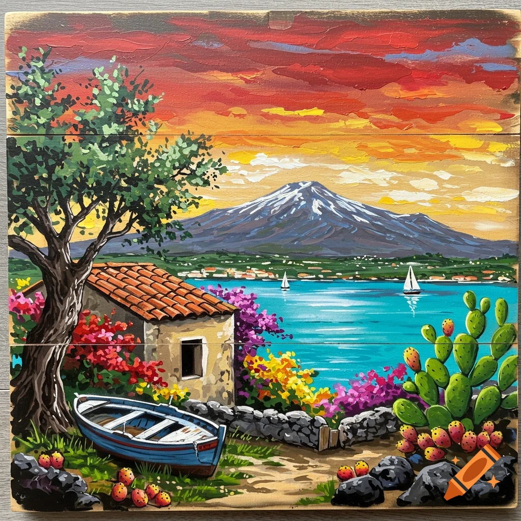 Vibrant painting of a Sicilian coastal landscape with a small house, olive tree, and boat in the foreground, Mount Etna, and sailboats on the sea under a fiery sunset.