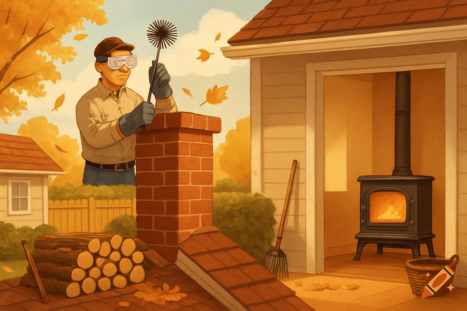 An illustration of a man on a roof cleaning a chimney with a brush, with a wood stove and logs nearby, set in an autumn scene.