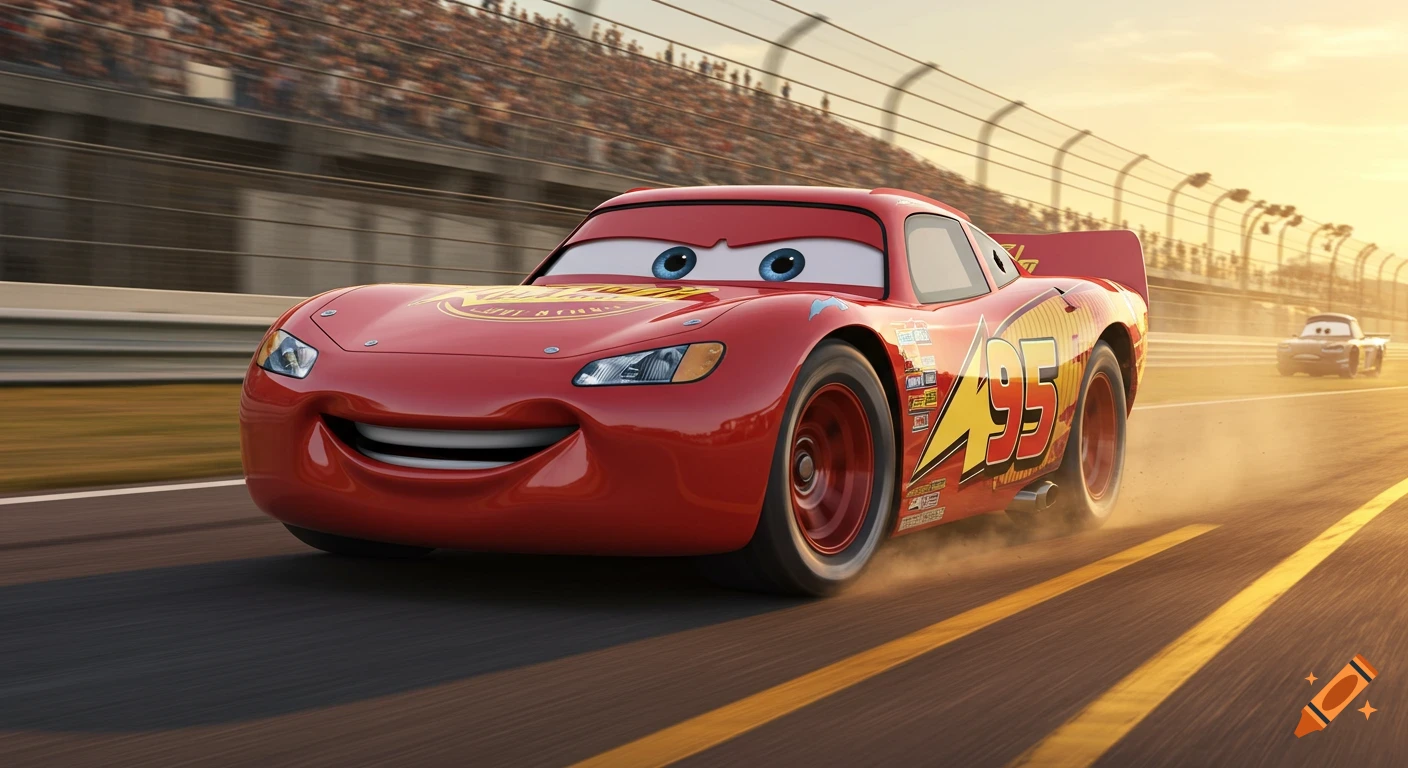 Lightning McQueen, a red animated race car with number 95, speeds down a track at sunset with spectators in the background.