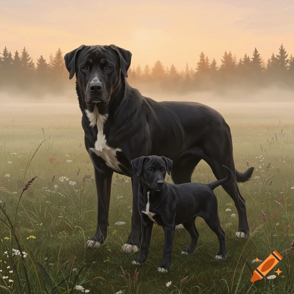 A large black dog with white markings stands next to a smaller black puppy in a misty field with trees in the background at sunrise.