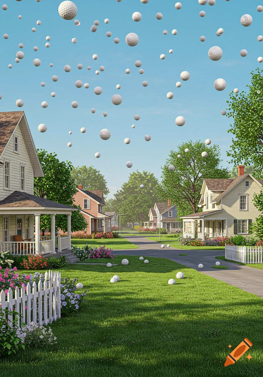 A surreal suburban street scene with numerous golf balls floating in the bright blue sky and scattered across green lawns and driveways.