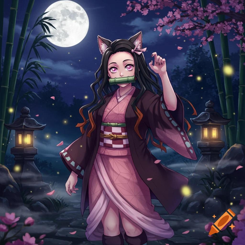 Nezuko from Demon Slayer with cat ears stands at night in a bamboo forest with cherry blossoms, a full moon above.