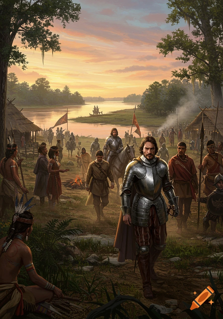A conquistador in armor leads his crew through a Mississippian village by a river at sunset, in a detailed digital painting.