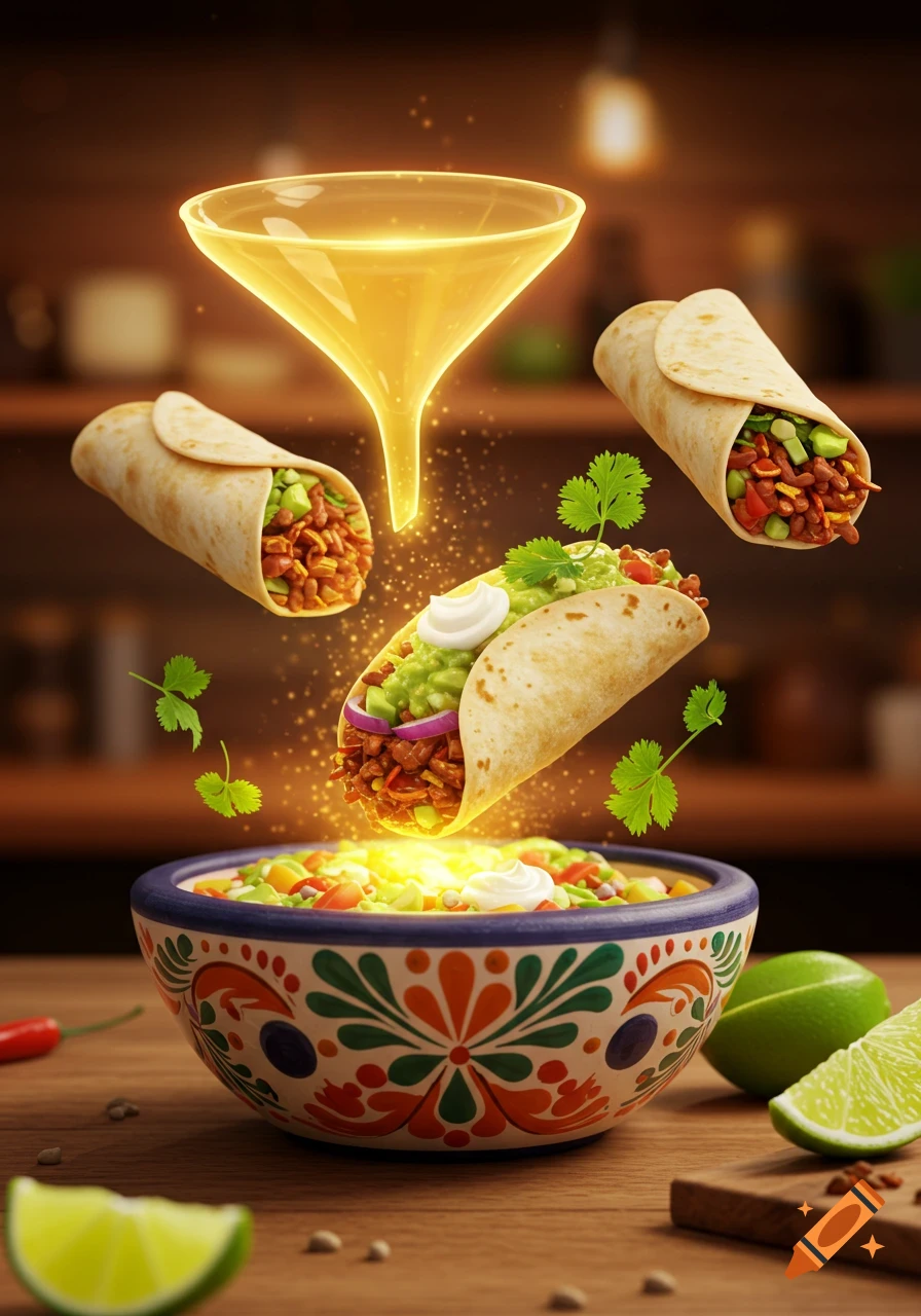 Three burritos float around a glowing funnel pouring light into a decorative bowl of food ingredients on a wooden table with limes.