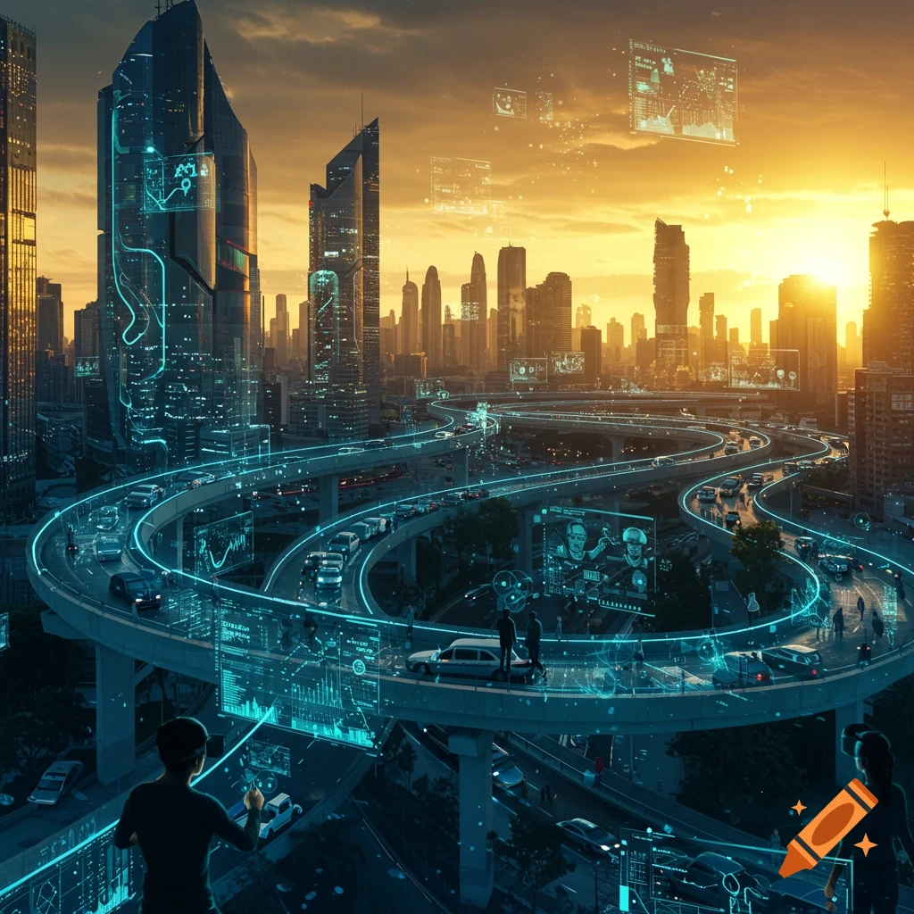 A sprawling futuristic city at sunset with glowing blue holographic displays, elevated highways, and towering skyscrapers, depicting technological trends.
