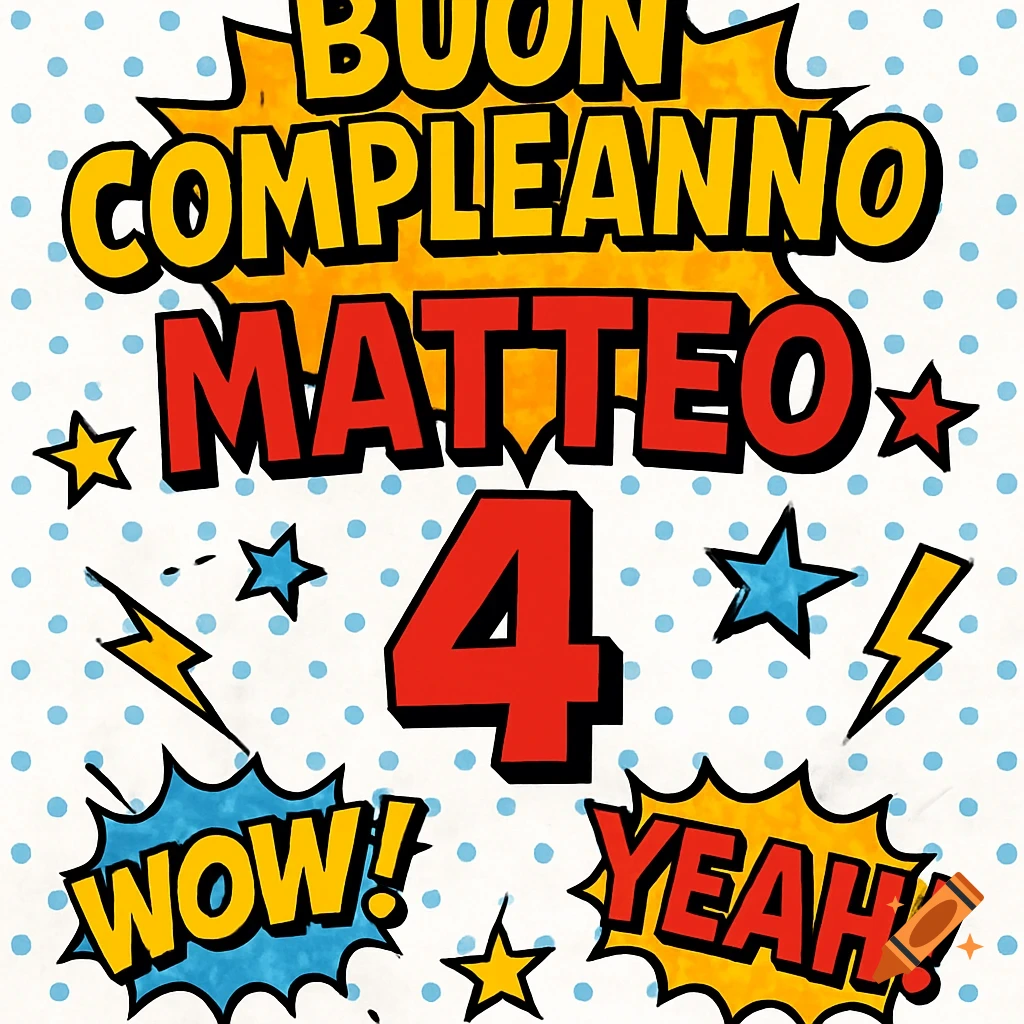 Comic book pop art style birthday graphic with "BUON COMPLEANNO MATTEO 4" in bold, colorful text, surrounded by stars, lightning bolts, and speech bubbles saying "WOW!" and "YEAH!" on a white background with blue polka dots.