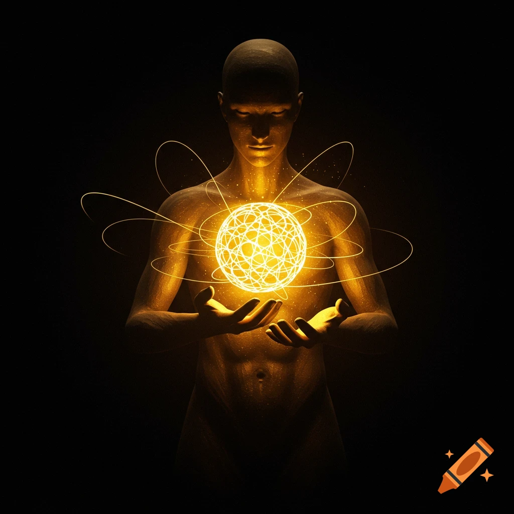 A golden, bald humanoid figure holds a glowing, intricate energy sphere against a dark background in digital art style.