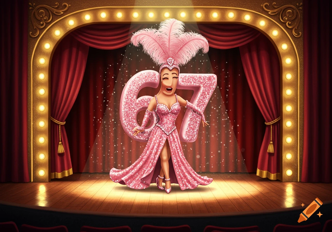 A cartoon showgirl in a pink sparkly dress with feathers on her head, forming the numbers 67, stands on a spotlighted stage with red curtains.