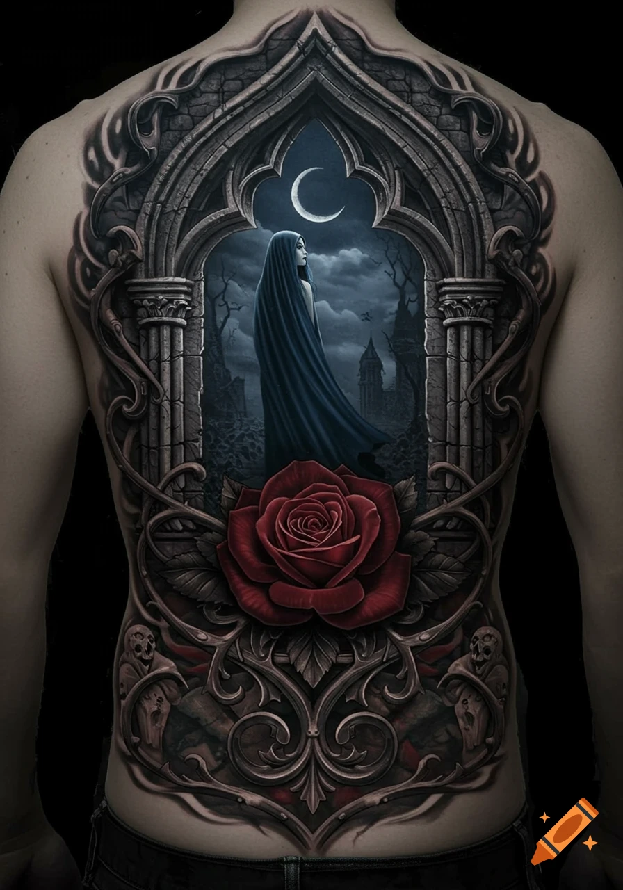 A gothic back tattoo featuring a cloaked figure under a crescent moon in an archway, a red rose, and ornate dark details.